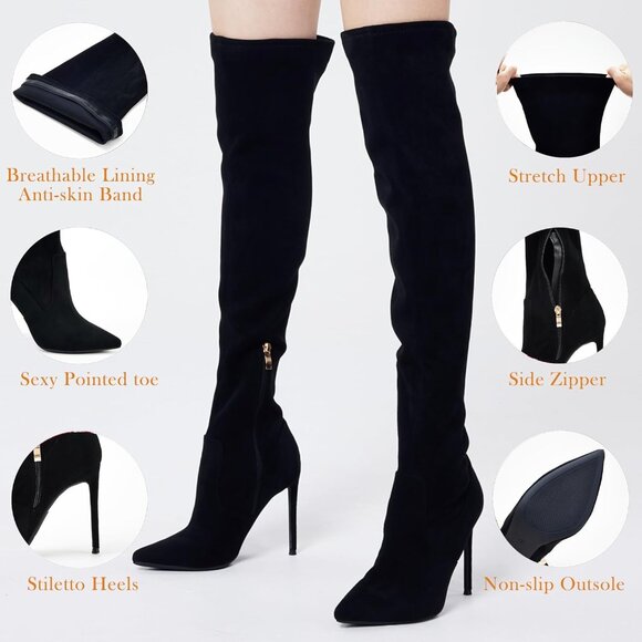 Women Black Faux Suede Over The Knee Thigh High Stiletto Heel Pointed Toe Boots - Picture 3 of 5